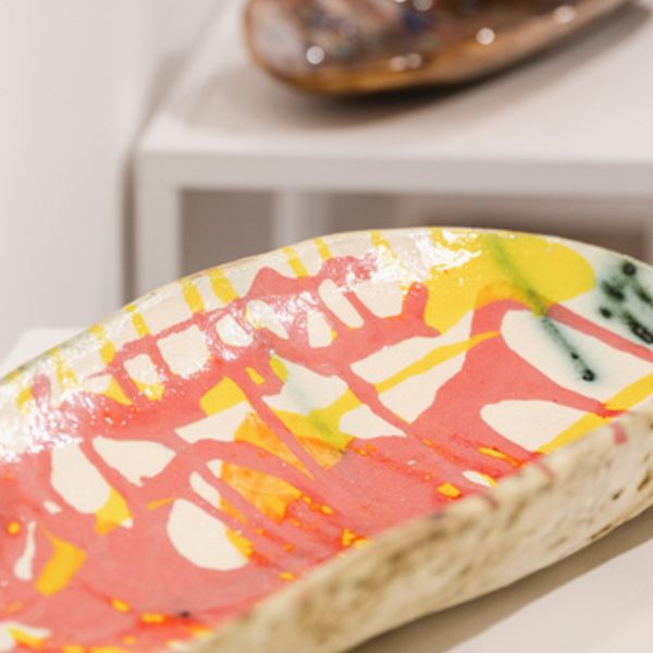 Euphemia Bostock ceramic coolamon detail, on display at Australian Design Centre 2023, photo by Amy Piddington