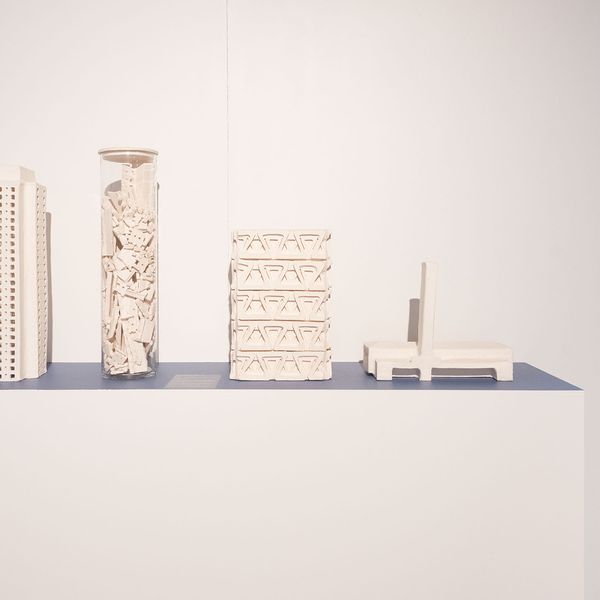 4 x architectural ceramic sculptures on a plinth from Natalie Rosin's Endangered + Extinct Exhibition at ADC
